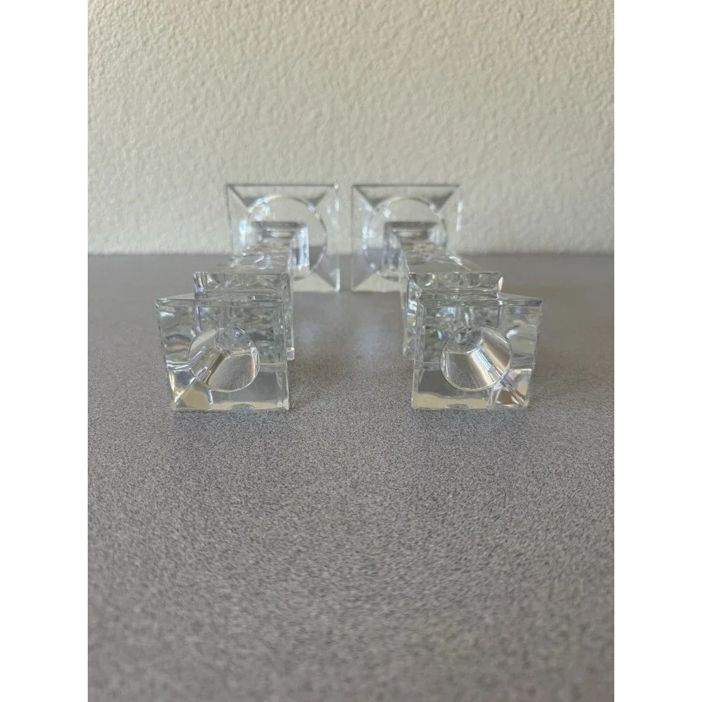 Pair Clear Cut Crystal Glass Candlestick Holders 10” Tall Geometric Square Base